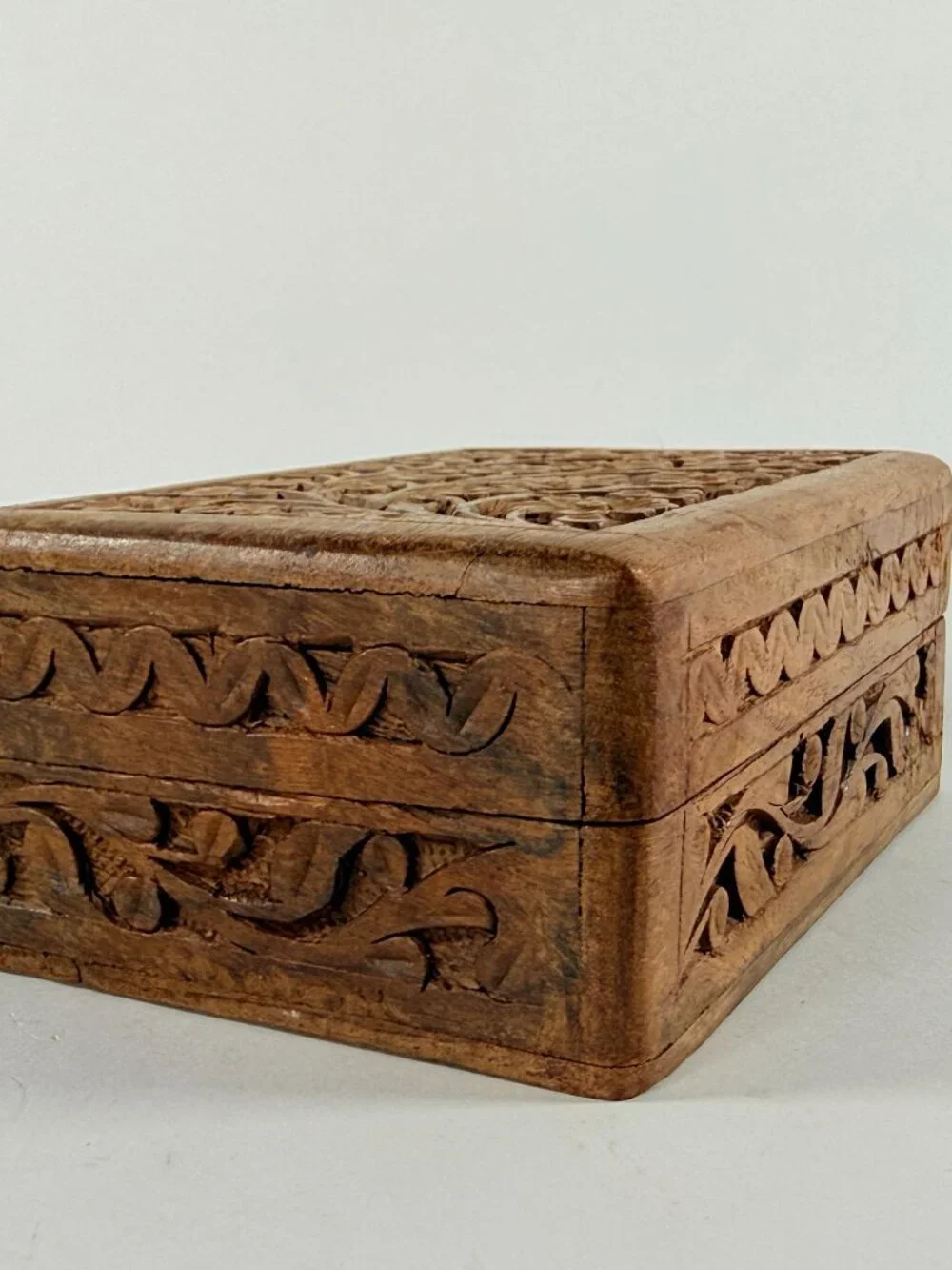 Vintage Hand Carved Wood Jewelry Box Inlaid Floral Design Velvet Lined India